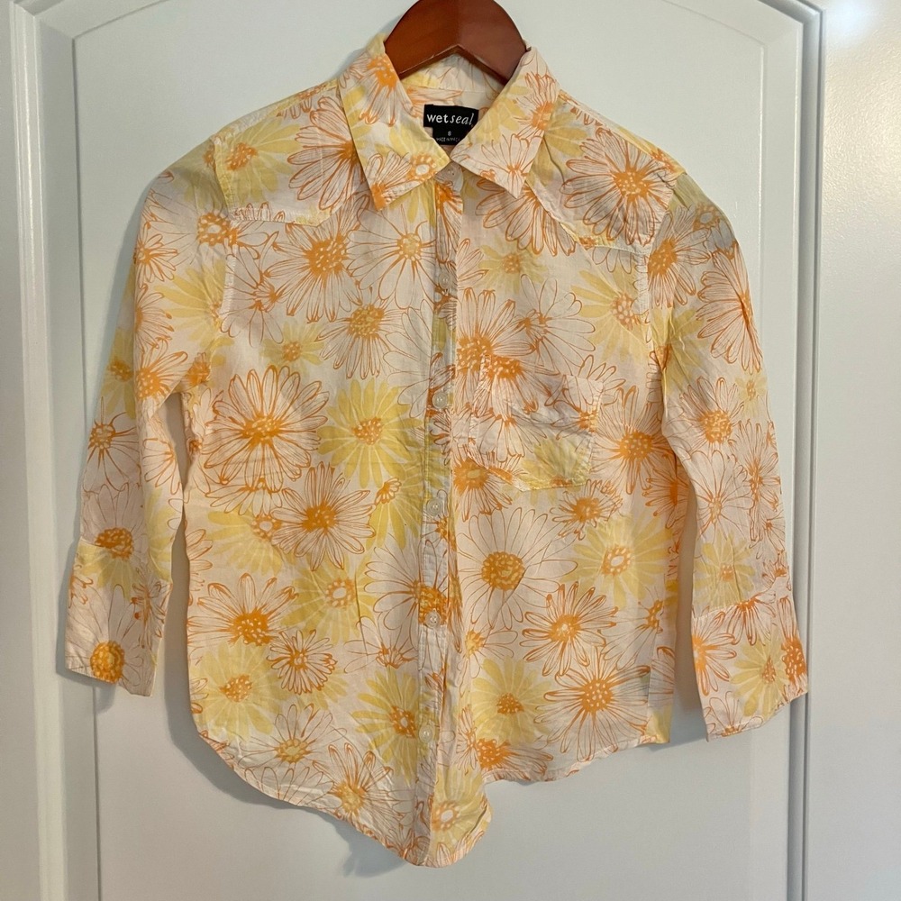 Wet Seal Daisy Print Blouse 100% Cotton Yellow & Orange Button Down Top Sz S